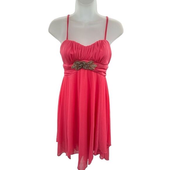 BCX Juniors Dress Size 3 Bright Coral Beaded Empire Waist Cocktail Party Cute - Picture 1 of 7